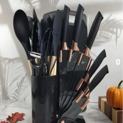 19-Piece Kitchen Knife Set & Silicone Cooking Utensil Set with Wooden Handles | Non-Stick Heat Resistant Kitchen Tools, Chef Knives, Cutting Board, Utensil Holder & Knife Block Organizer - Image 3