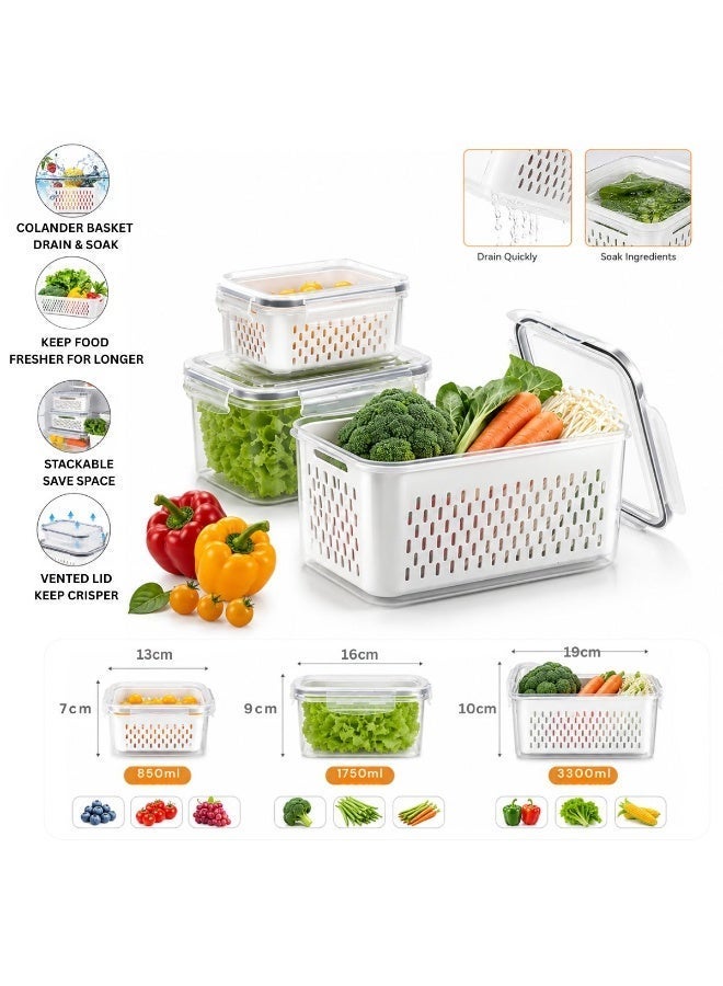3-Pack Produce Saver Food Storage Containers with Removable Colander Strainer Basket - Airtight Locking Lids BPA-Free Fridge Organizer Crisper Set (850ml, 1750ml, 3300ml) - Image 2