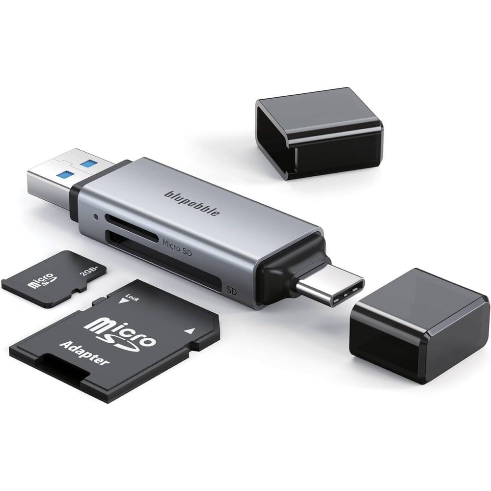 Blupebble 2-in-1 USB-C & USB-A SD Card Reader - SuperSpeed 5Gbps Dual Slot TF / Micro SD & SD Card Adapter | Space Gray Aluminum (BP-SDTFRDR-GY)