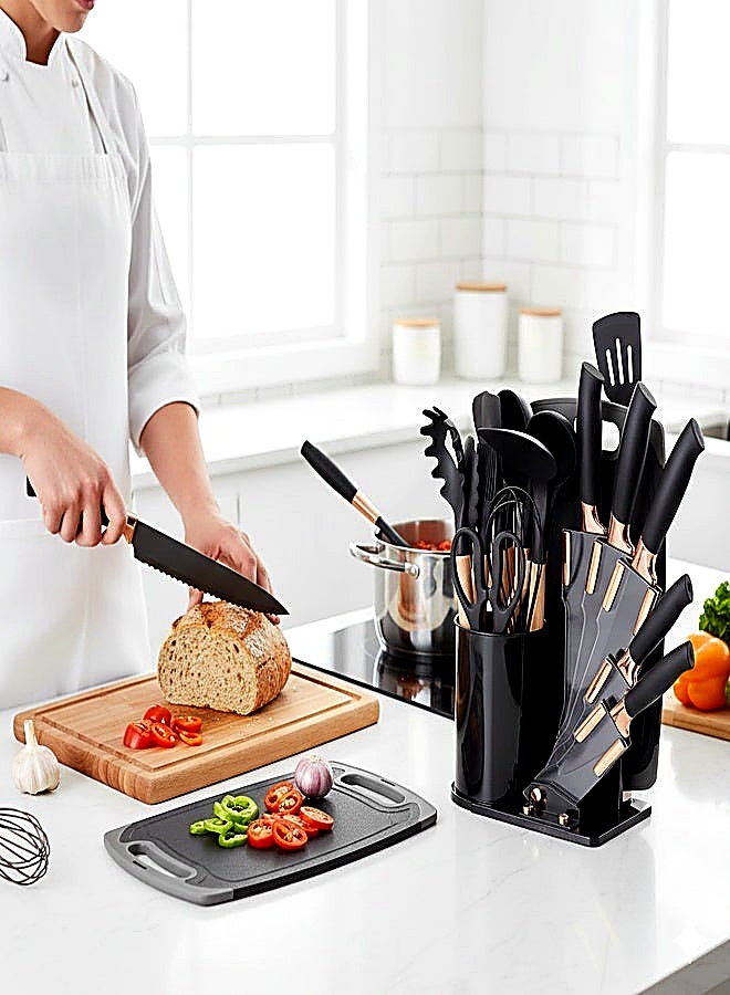 19-Piece Kitchen Knife & Silicone Cooking Utensils Set with Wooden Handles - Non-Stick Heat-Resistant Chef Knives, Cutting Board & Organizer Block - Image 2