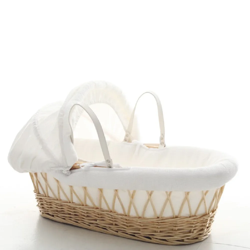 Teknum Infant Wicker Moses Basket with White Waffle Bedding - Handwoven Natural Wicker Baby Bassinet with Adjustable Canopy, Padded Liner, Quilt & Mattress | Brown (TK_WIBABE_NA) - Image 2