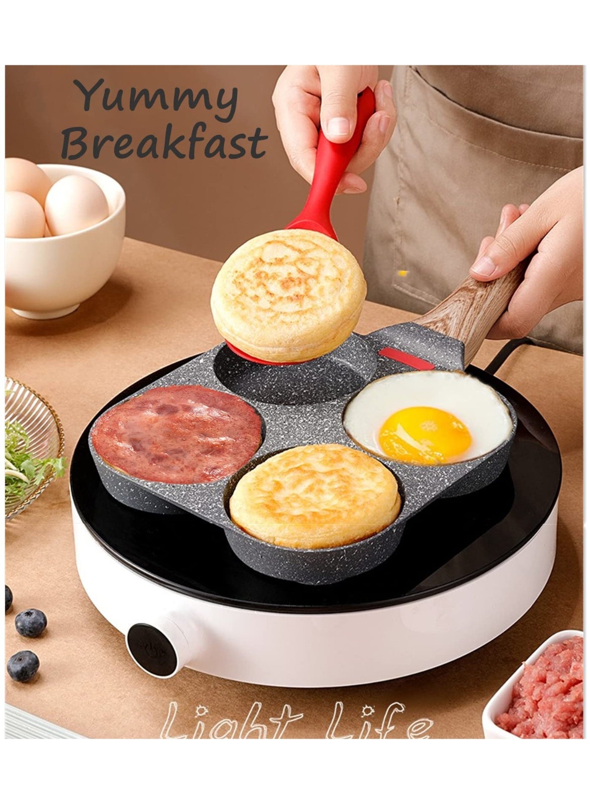4-Cup Nonstick Egg Frying Pan with Temperature Sensor - Granite Breakfast Skillet for Eggs, Pancakes & Crepes | Induction & Gas Compatible - Image 3