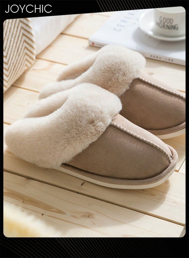 Womens Memory Foam Fluffy Winter Slippers - Warm Faux Fur Lined Slip-On House Shoes with Anti-Slip Rubber Sole for Indoor & Outdoor (Khaki) - Image 2