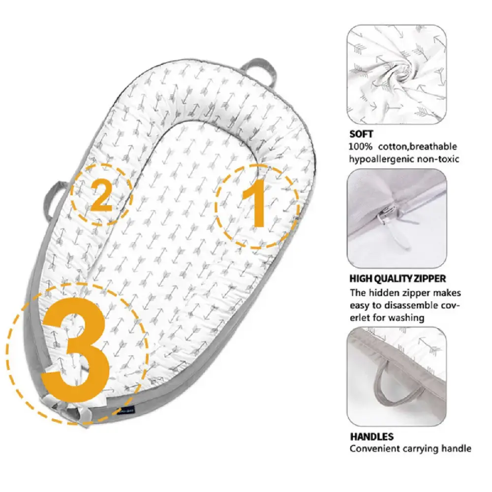 Little Story Newborn Lounger Bed - Soft Breathable Fiberfill with 4cm Mattress, Adjustable Snuggle Nest & Washable Cover | Arrow Grey (LS_NBLB07_MU) - Image 3