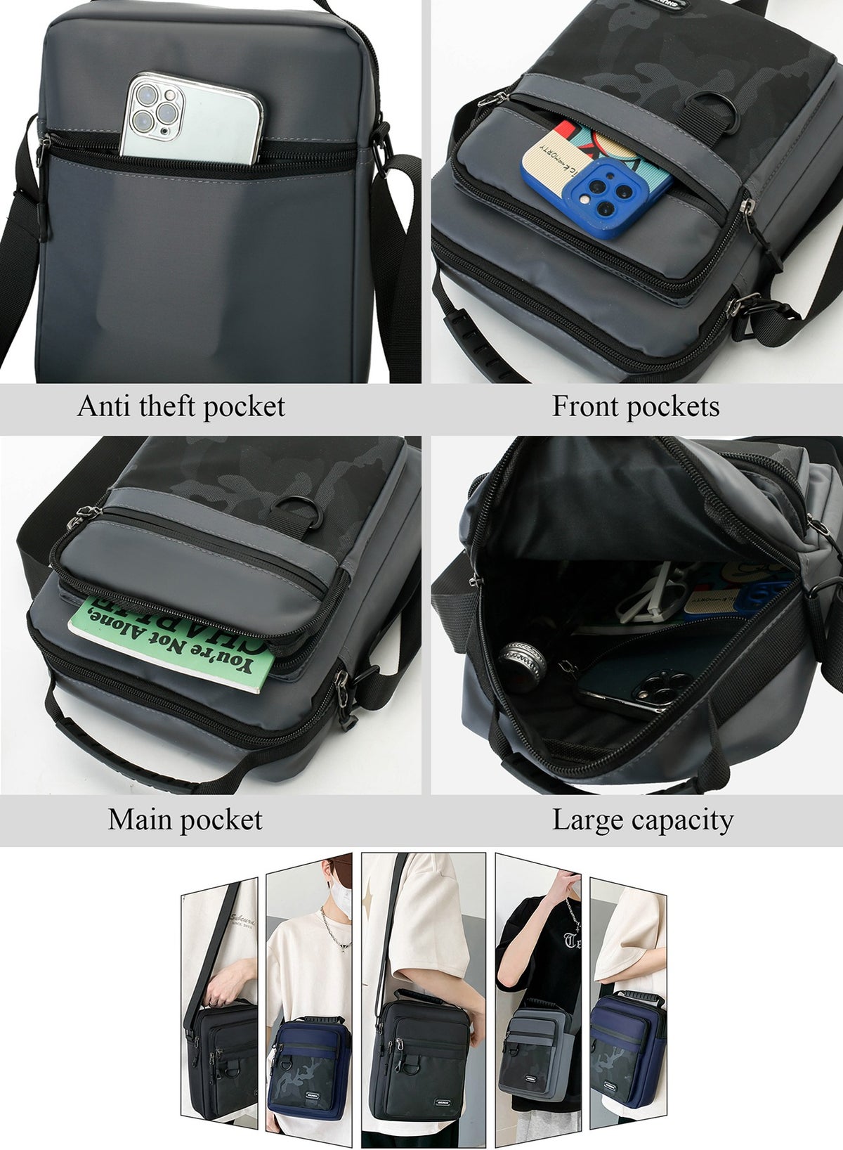 Waterproof Crossbody Messenger Bag for Men and Women - Multi-Pocket Tactical Shoulder Sling Bag with D-Ring & Top Handle | Travel, Office & Daily Commute (Black) - Image 4