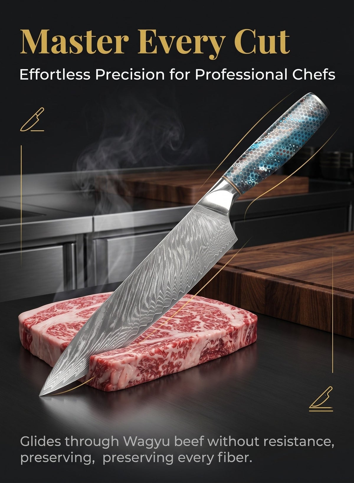 Japanese Damascus Chef Knife 8-Inch - Professional High Carbon Stainless Steel Kitchen Knife with Ergonomic Blue Resin Handle, Sheath & Gift Box - Image 5