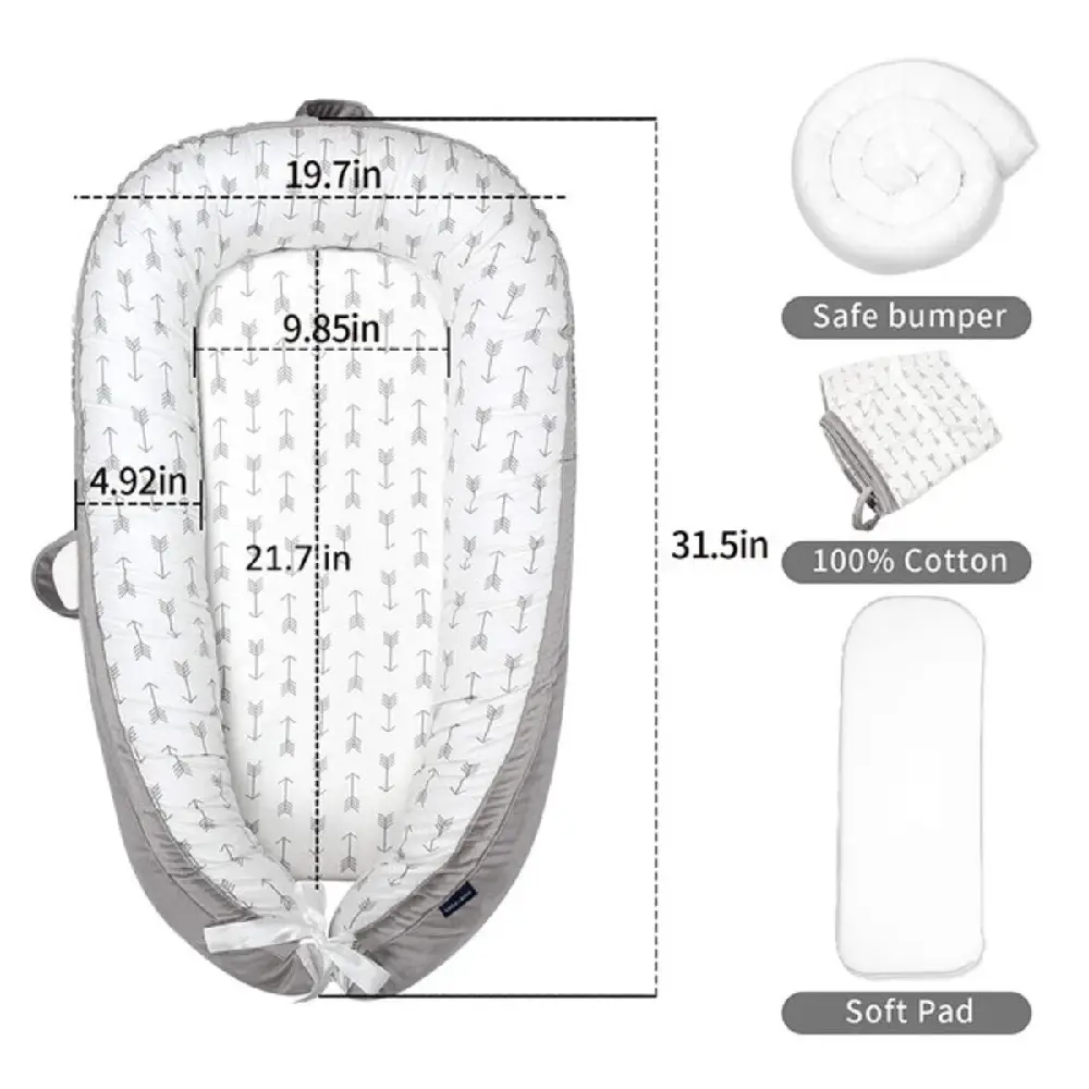 Little Story Newborn Lounger Bed - Soft Breathable Fiberfill with 4cm Mattress, Adjustable Snuggle Nest & Washable Cover | Arrow Grey (LS_NBLB07_MU) - Image 5