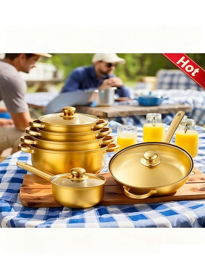 12-Piece Luxury Stainless Steel Non-Stick Cookware Set - Royal Gold Pots and Pans with Tempered Glass Lids | Induction & Gas Compatible - Image 7