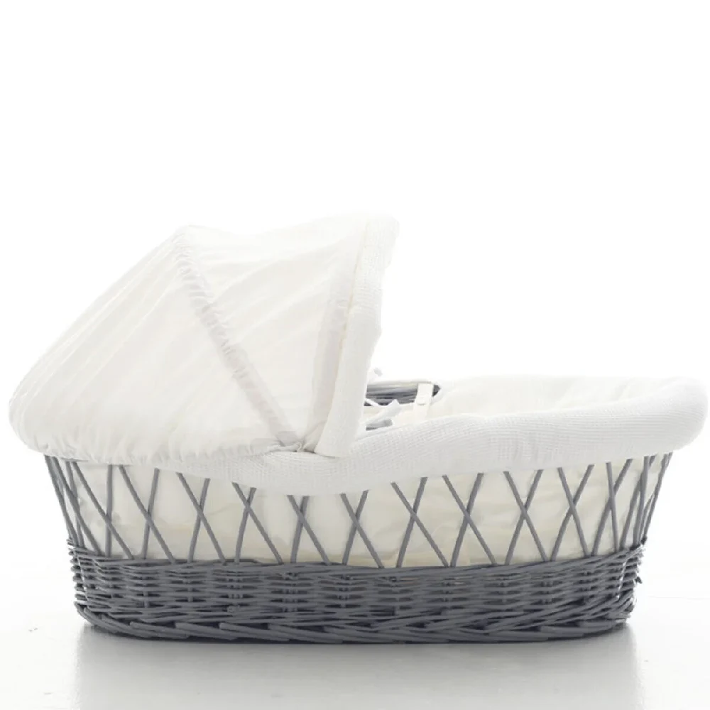 Teknum Infant Wicker Moses Basket with White Waffle Bedding, Canopy, Liner, Quilt & Mattress, Grey - TK_WIBABE_GY - Image 2