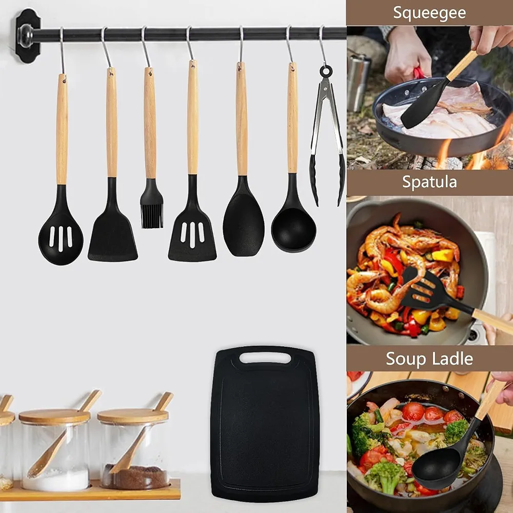 Silicone Kitchen Utensil Set 19 Pcs, Heat Resistant Non-Stick Cooking Tools with Wooden Handles, Non-Toxic Silicone Cooking Utensils Set with Storage Holder, Kitchen Tools for Pots & Pans - Image 2