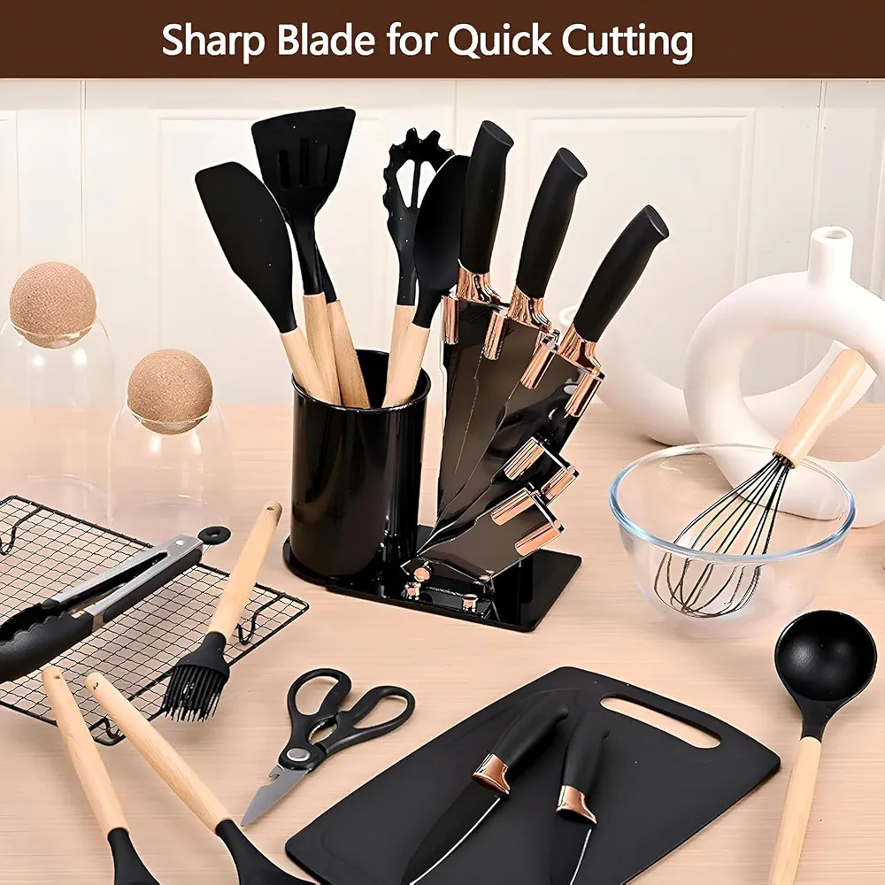 Silicone Kitchen Utensil Set 19 Pcs, Heat Resistant Non-Stick Cooking Tools with Wooden Handles, Non-Toxic Silicone Cooking Utensils Set with Storage Holder, Kitchen Tools for Pots & Pans - Image 4