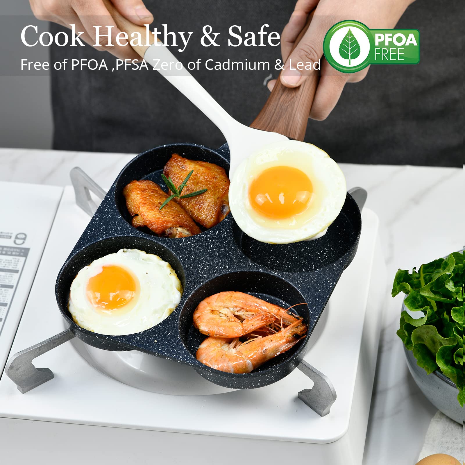 4-Cup Egg Pan Nonstick for Breakfast Brunch, Pancake Pan with Turner and Brush, Non Stick Egg Frying Pan, Granite Coating Mini Egg Cooker Pan, Small Egg Skillet Suitable For Gas Stove & Induction Top - Image 2