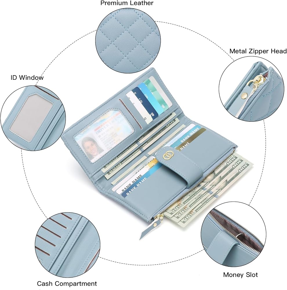 SENDEFN Purses for Women RFID Blocking Large Capacity Purse Bifold Ladies Purse Long Wallet for Women with 1 Zip Coin Pocket, 11 Card Slots, Light Blue, 19.51 x 9.98 x 1.98 cm, Classic - Image 3