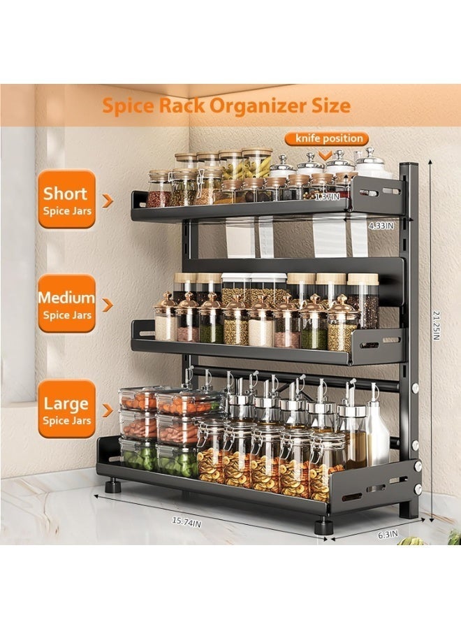 3-Tier Adjustable Kitchen Storage Rack Organizer, Heavy Duty Countertop Spice Rack with Multi-Layer Shelves, Oil Bottle Holder, Kitchen Accessories Organizer for Spices, Seasonings, Jars, Containers and Pantry Storage Solution - Image 2
