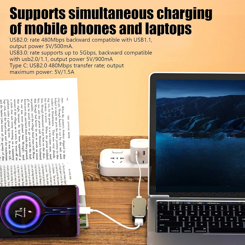 ASHATA 5 in 1 Mini HUB Type C Hub Hot Swappable 10Gbps 100W Type c Expansion Dock Type C to PD+Type C+AUX+USB3.1+AUX+USB2.0 Hub for Win for Android for OS X - Image 4