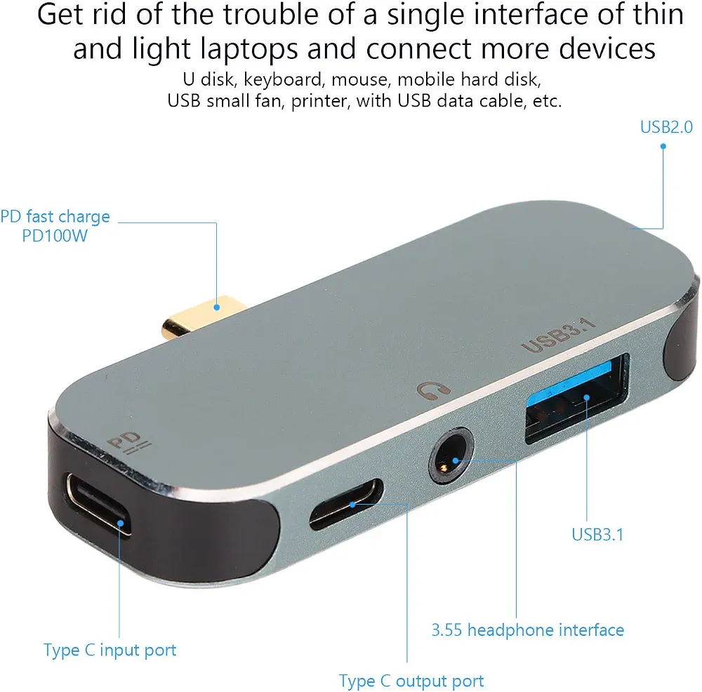 ASHATA 5 in 1 Mini HUB Type C Hub Hot Swappable 10Gbps 100W Type c Expansion Dock Type C to PD+Type C+AUX+USB3.1+AUX+USB2.0 Hub for Win for Android for OS X - Image 5