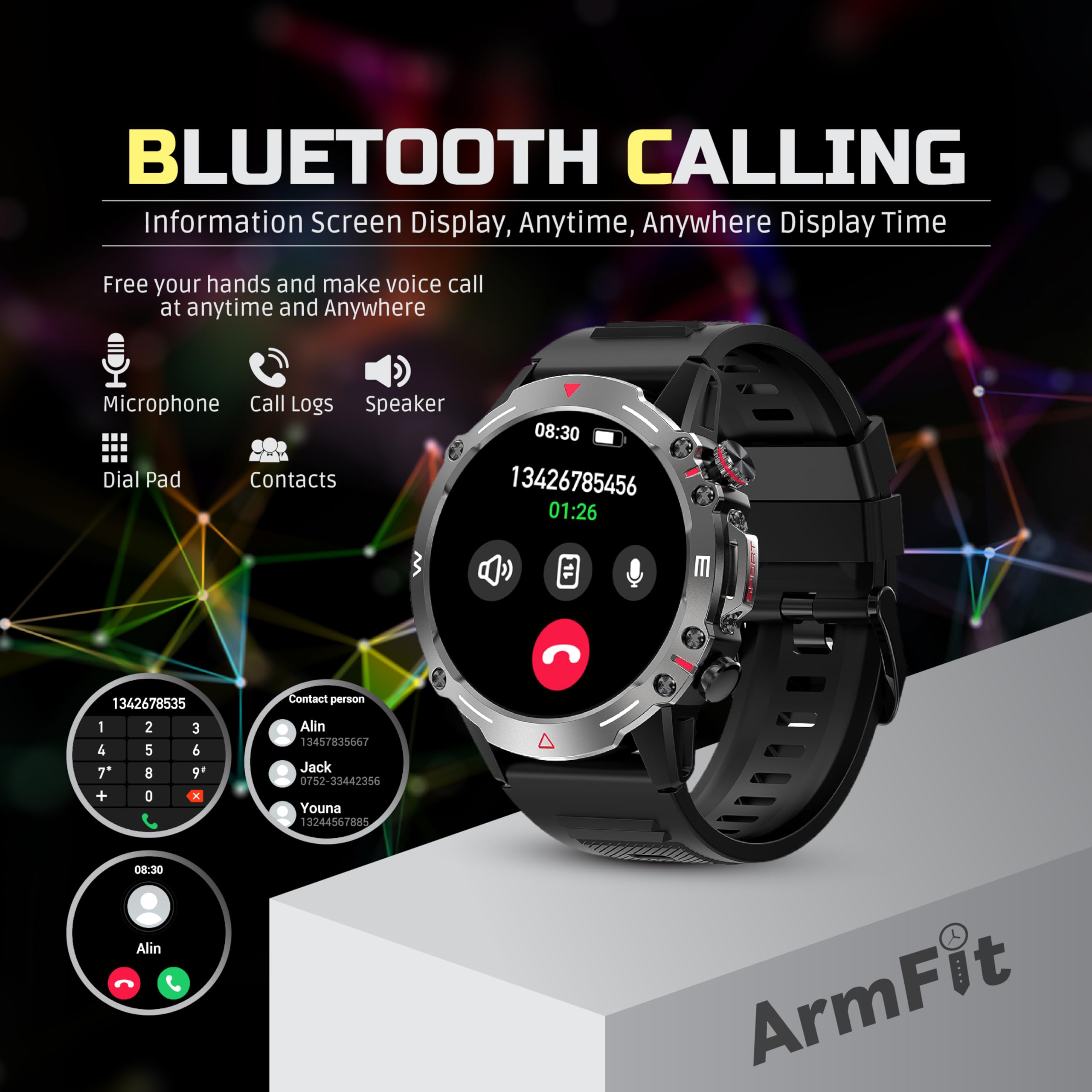 Armfit HULK Smart watch with AMOLED Always On Display Smart watches for men, BT Calling Waterproof Fitness Watch with Heart Sleep Monitor for Android iOS (Black) - Image 3
