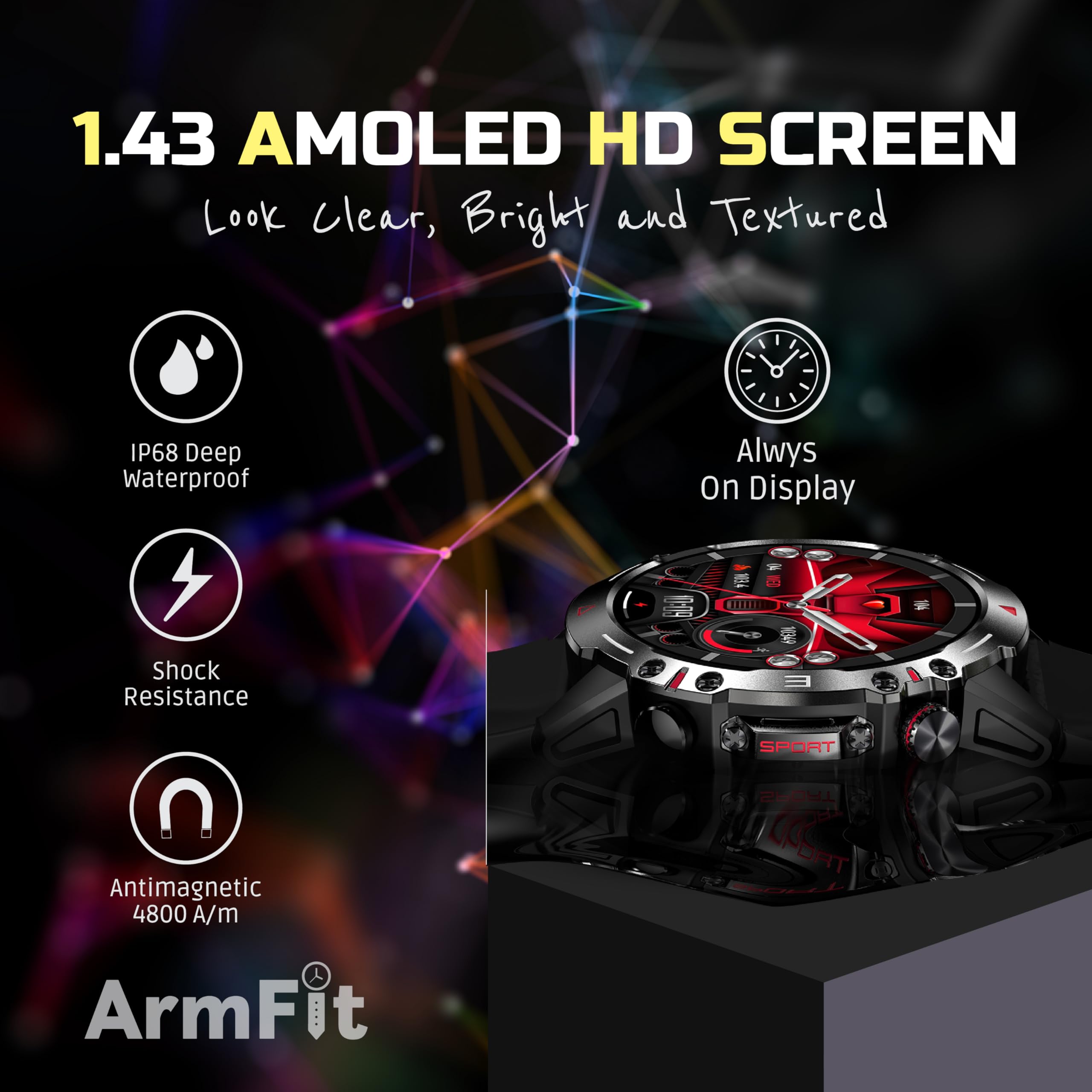 Armfit HULK Smart watch with AMOLED Always On Display Smart watches for men, BT Calling Waterproof Fitness Watch with Heart Sleep Monitor for Android iOS (Black) - Image 4