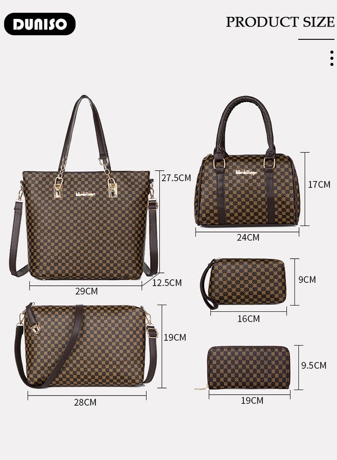 6 Pcs Handbags Set for Women, Dark Brown PU Leather Printing Pattern Purse Sets, Ladies Fashion - Image 3