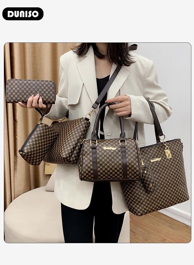 6 Pcs Handbags Set for Women, Dark Brown PU Leather Printing Pattern Purse Sets, Ladies Fashion - Image 5