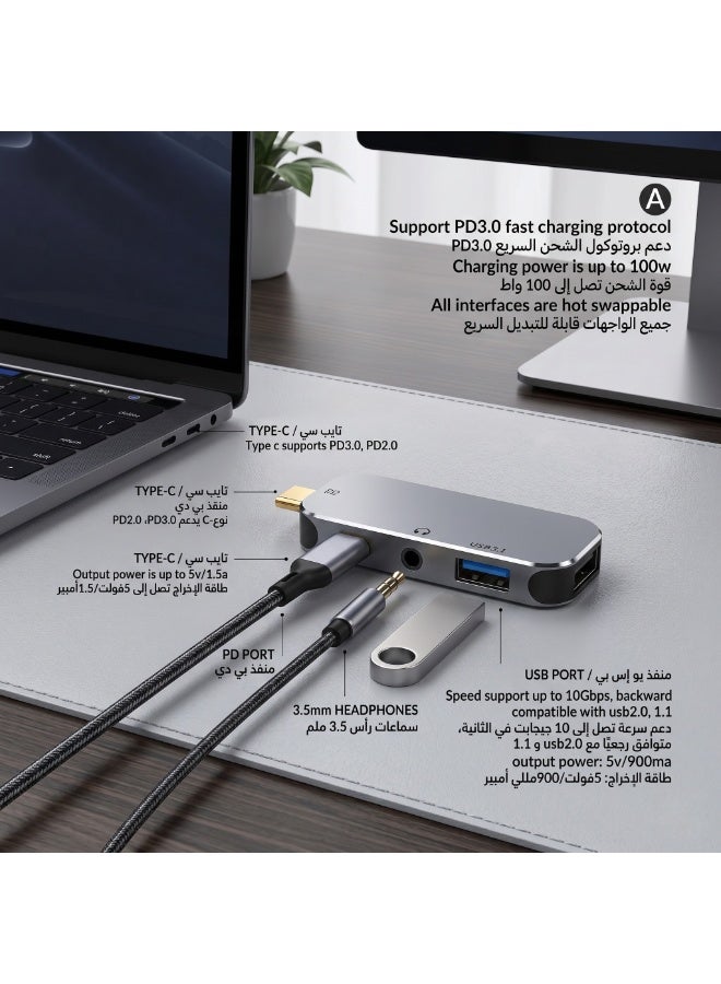 5 in 1 Mini HUB Type C Hub Hot Swappable 10Gbps 100W Type c Expansion Dock Type C to PD+Type C+AUX+USB3.1+AUX+USB2.0 Hub for Win for Android for OS X - Image 2
