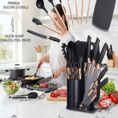 19-Piece Kitchen Knife Set & Silicone Cooking Utensil Set with Wooden Handles | Non-Stick Heat Resistant Kitchen Tools, Chef Knives, Cutting Board, Utensil Holder & Knife Block Organizer - Image 4