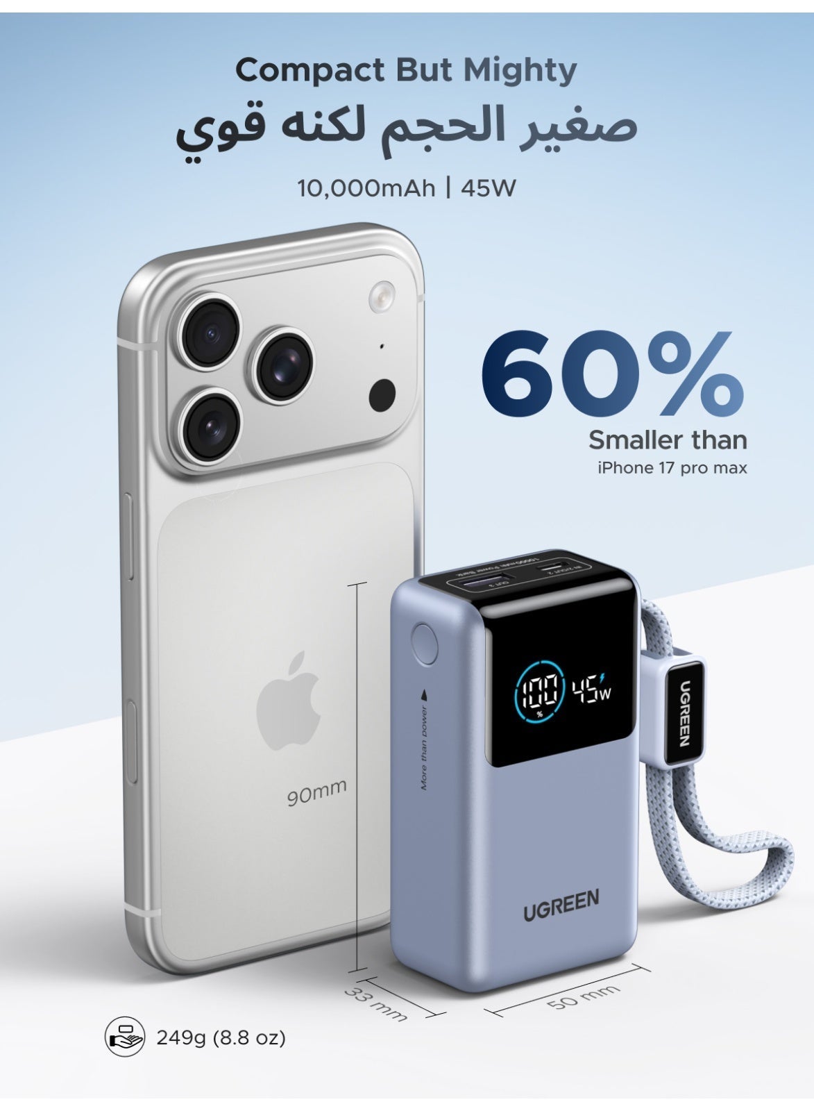 10000mAh 55W Pocket Size Power Bank Fast Charging with Built-in Cable, Compact Portable Small size Fast Charger Battery Pack with Smart TFT Digital Display, 35W Fast Input, Powerbank for Samsung, iPhone, Xiaomi Devices and Travel Use-Silver 10000 55W Mini Braided C cable-Silver - Image 2