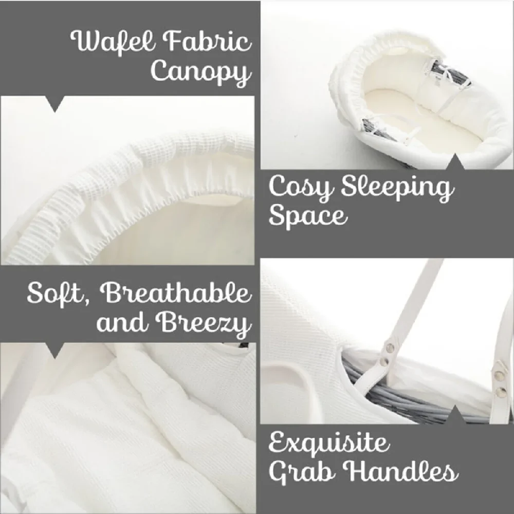 Teknum Infant Wicker Moses Basket with White Waffle Bedding, Canopy, Liner, Quilt & Mattress, Grey - TK_WIBABE_GY - Image 4