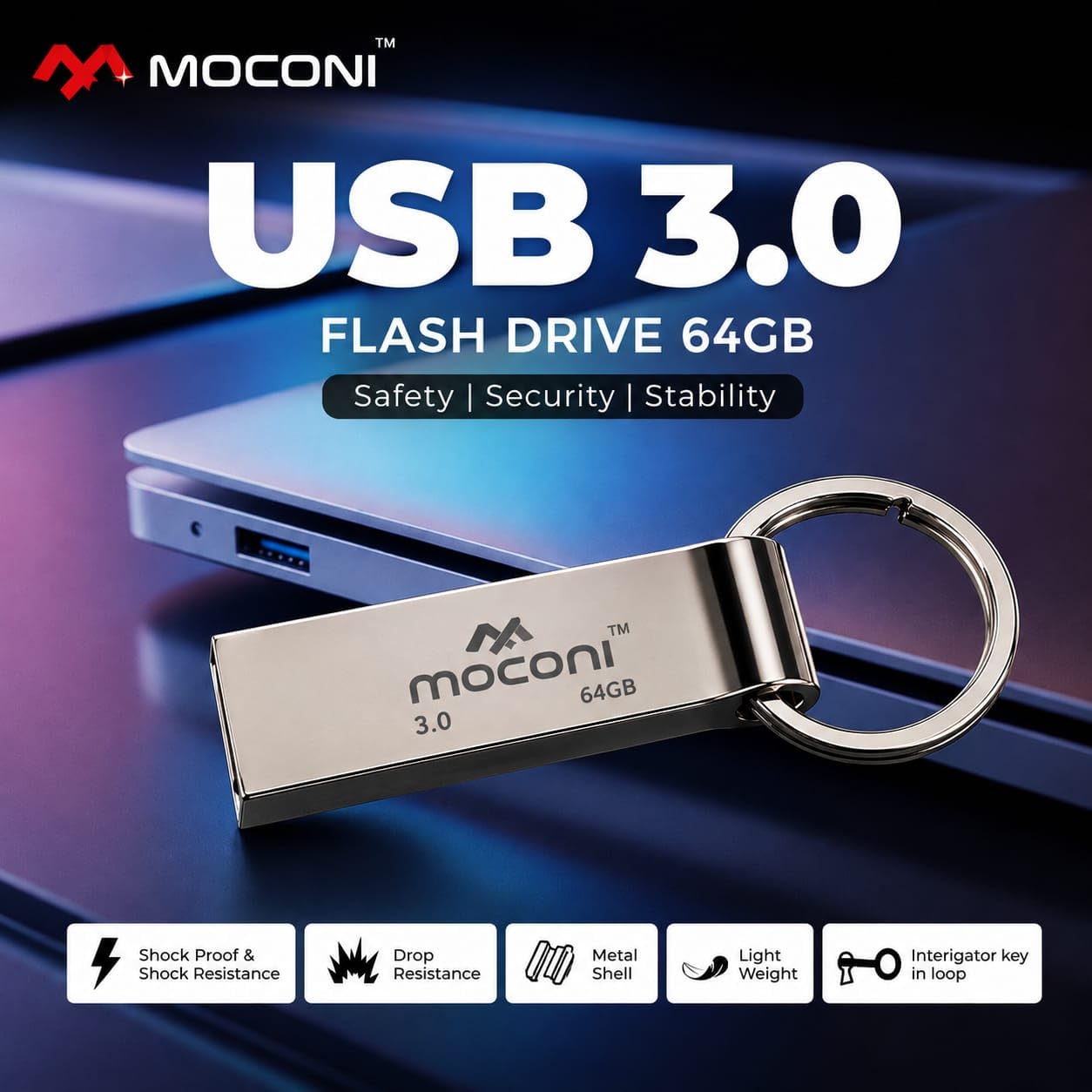 Moconi™ Speed Pro Plus USB Flash Drive 3.0, 64GB, Read Speed 120MB/s, Write Speed 60MB/s, Metal with Key Ring 5 Years Warranty (64, GB) - Image 2