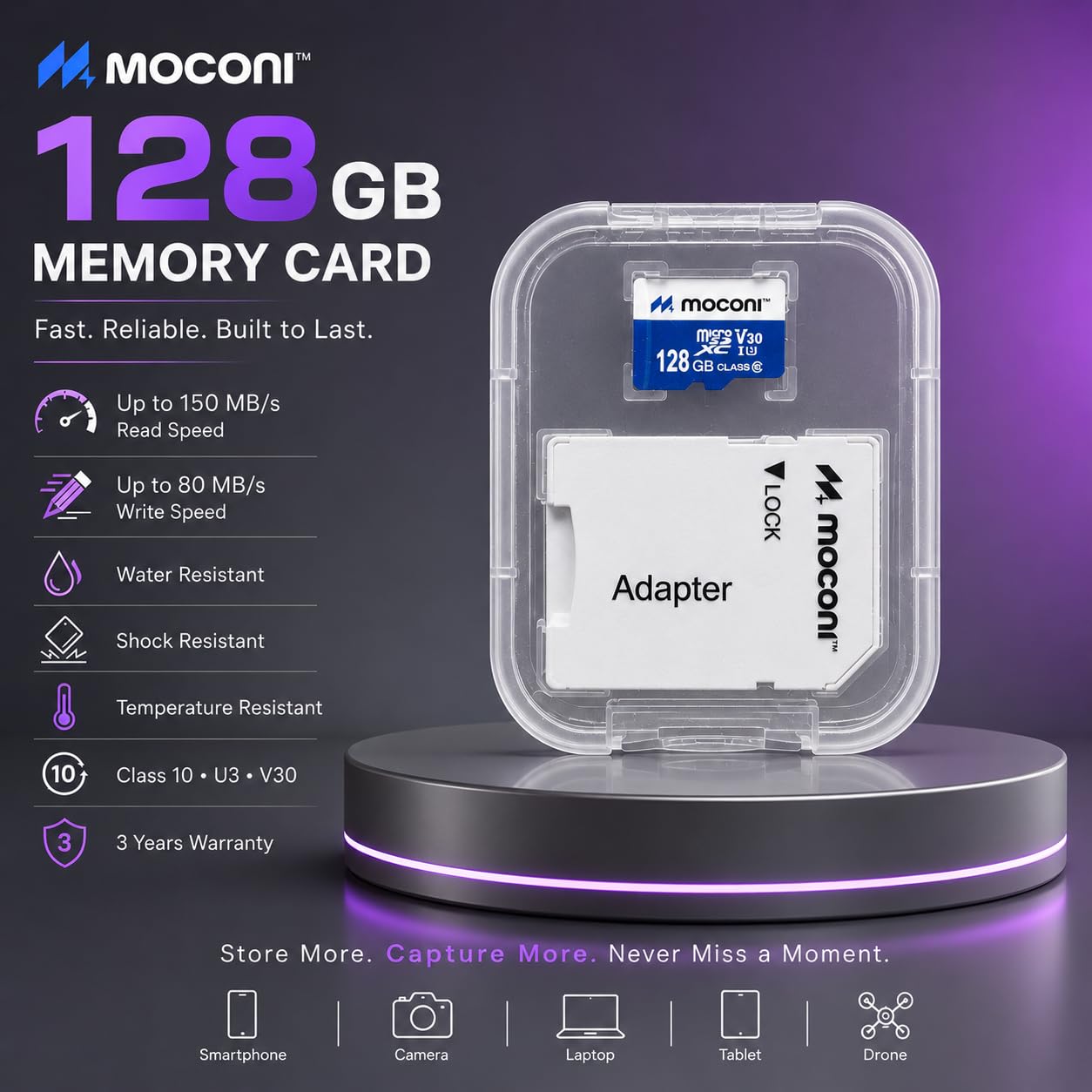 Moconi™ 128GB with SD Adapter, Grade U-3/A1/V30 Class 10, Up to 90 Mbps Reading & 150 Mbps Writing Speed with High Performance of Data Transfer (128, GB) - Image 2