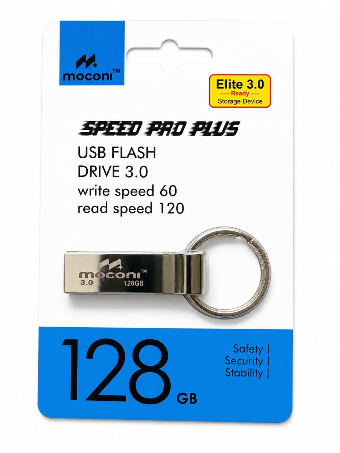 Moconi™ Speed Pro Plus USB Flash Drive 3.0, 128GB, Read Speed 120MB/s, Write Speed 60MB/s, Metal with Key Ring 5 Years Warranty (128, GB)