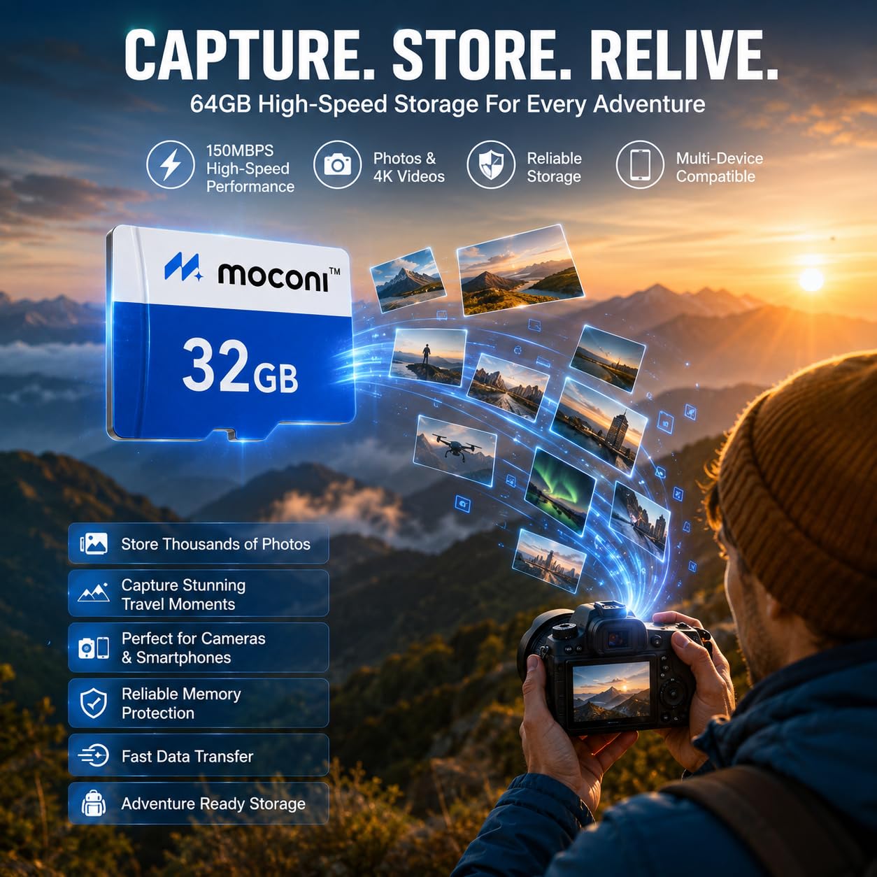 Moconi™ 32GB Memory Card with SD Adapter, Grade U-3/A1/V30 Class 10, Up to 70 Mbps Reading & 150 Mbps Writing Speed with High Performance of Data Transfer (32, GB) - Image 4