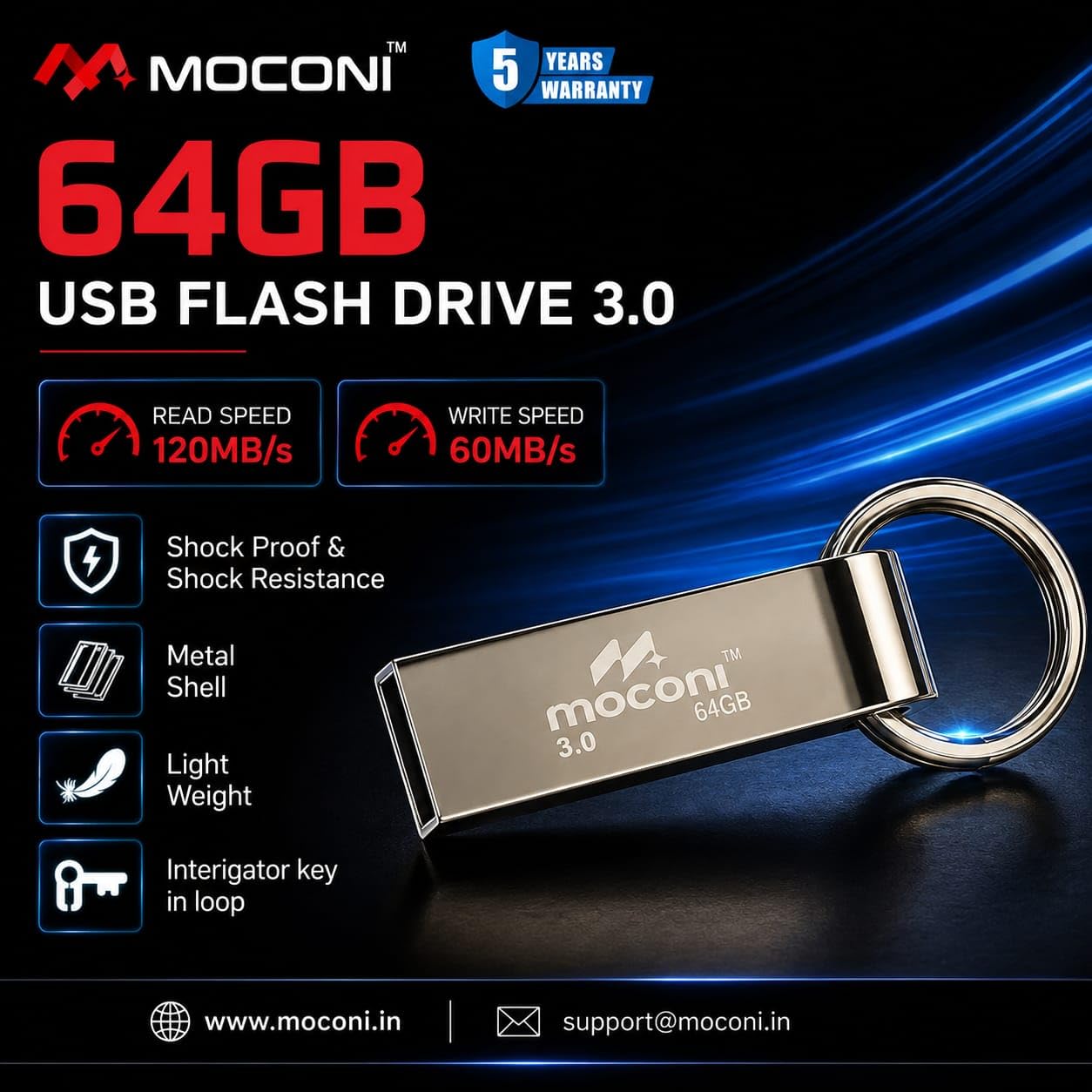 Moconi™ Speed Pro Plus USB Flash Drive 3.0, 64GB, Read Speed 120MB/s, Write Speed 60MB/s, Metal with Key Ring 5 Years Warranty (64, GB) - Image 3
