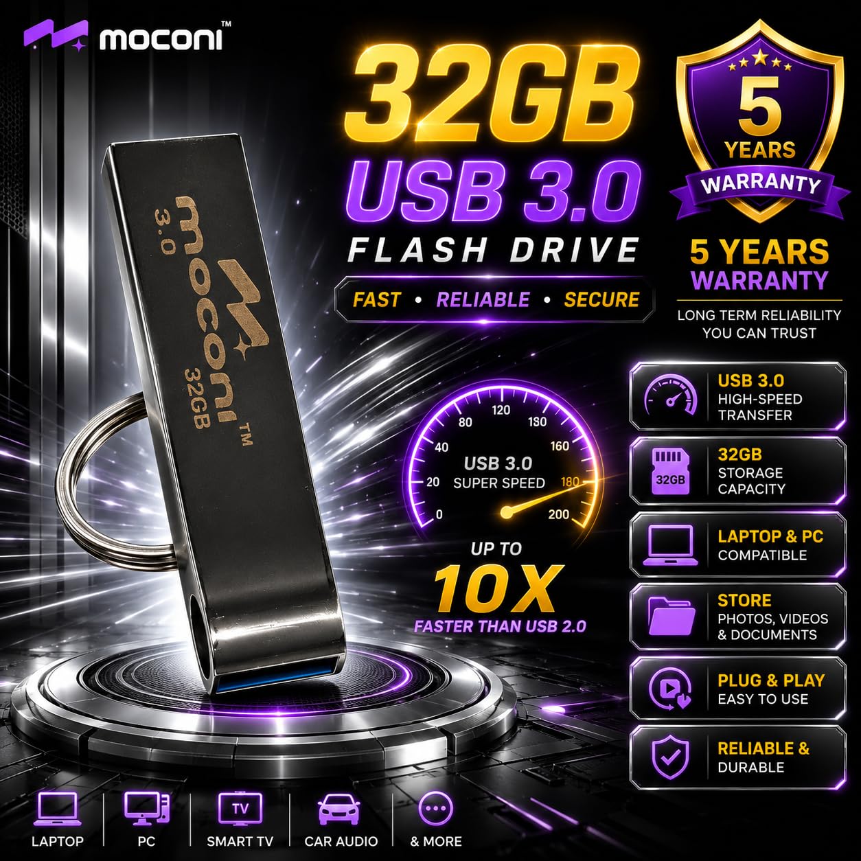 Moconi™ Speed Pro Plus USB Flash Drive 3.0, 32GB, Read Speed 120MB/s, Write Speed 60MB/s, Metal with Key Ring 5 Years Warranty (32, GB) - Image 5