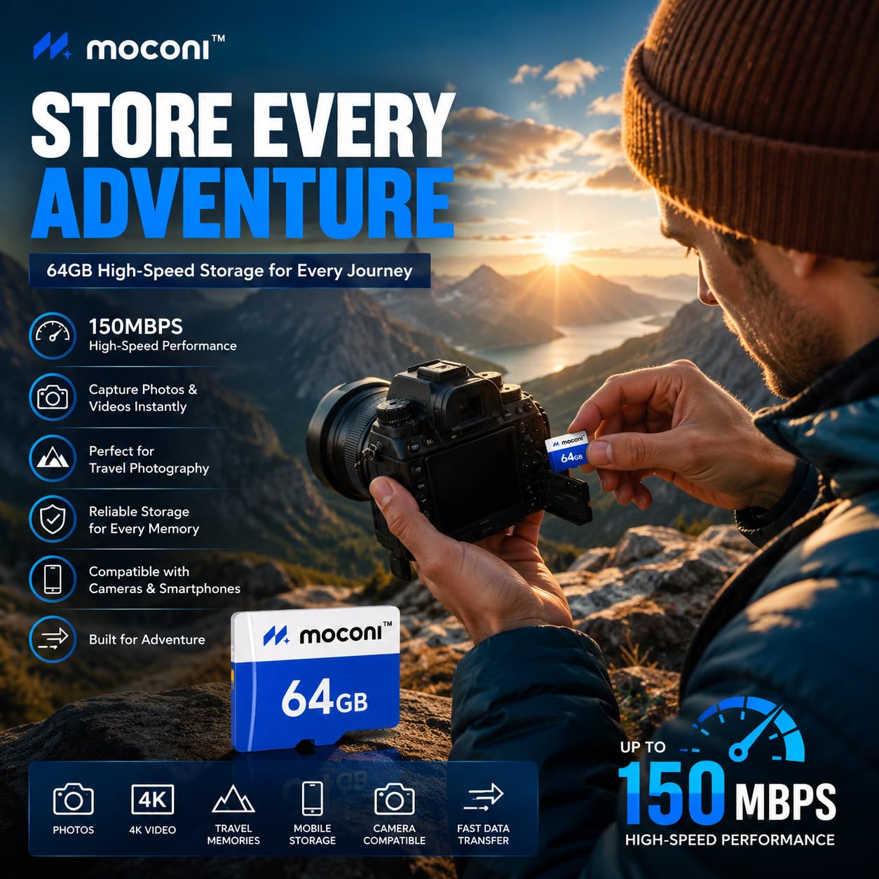 Moconi™ Memory Card with SD Adapter, Grade U-3/A1/V30 Class 10, Up to 70 Mbps Reading & 150 Mbps Writing Speed with High Performance of Data Transfer (64, GB) (64, GB) - Image 5