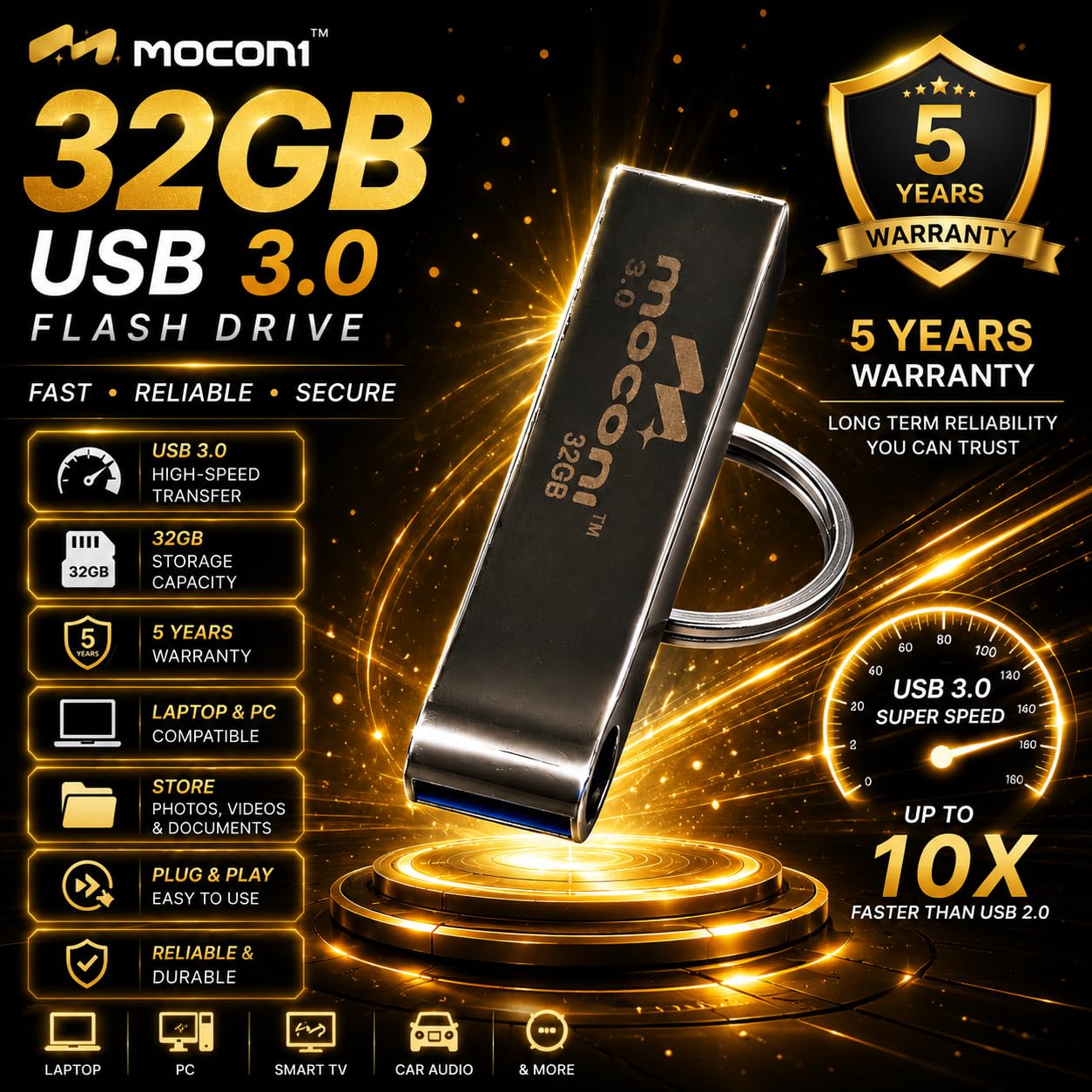 Moconi™ Speed Pro Plus USB Flash Drive 3.0, 32GB, Read Speed 120MB/s, Write Speed 60MB/s, Metal with Key Ring 5 Years Warranty (32, GB) - Image 4