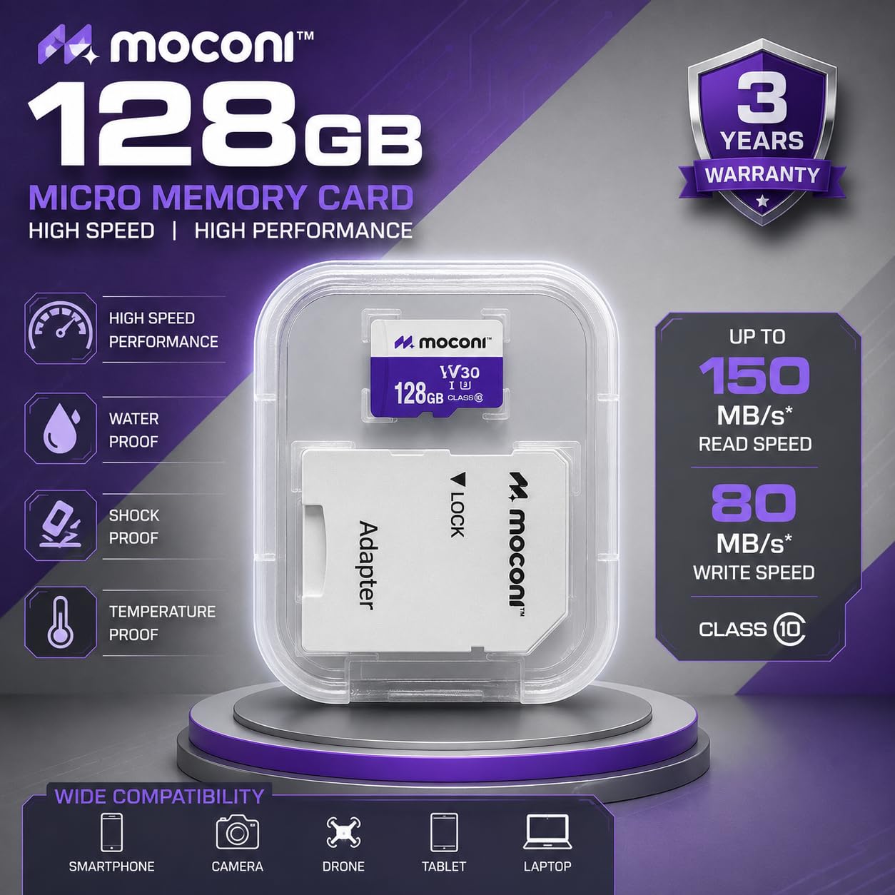 Moconi™ 128GB with SD Adapter, Grade U-3/A1/V30 Class 10, Up to 90 Mbps Reading & 150 Mbps Writing Speed with High Performance of Data Transfer (128, GB) - Image 3