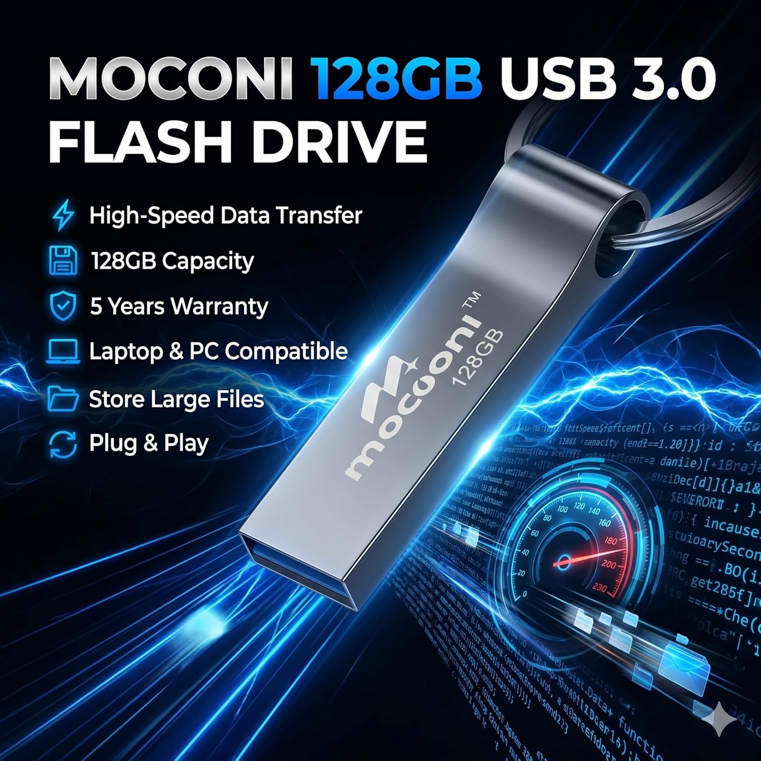 Moconi™ Speed Pro Plus USB Flash Drive 3.0, 128GB, Read Speed 120MB/s, Write Speed 60MB/s, Metal with Key Ring 5 Years Warranty (128, GB) - Image 3