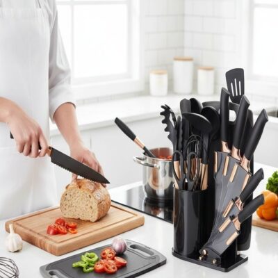 19-Piece Kitchen Knife Set & Silicone Cooking Utensil Set with Wooden Handles | Non-Stick Heat Resistant Kitchen Tools, Chef Knives, Cutting Board, Utensil Holder & Knife Block Organizer - Image 6