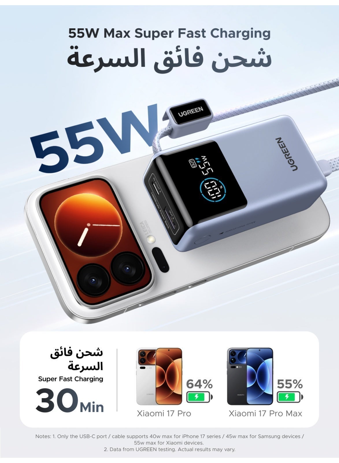 UGREEN 55 W Power Bank 10000 mAh with Integrated Cable, Mi Turbo Charge for Xiaomi, 45 W PD Quick Charge Compatible with iPhone 17/16/15, External Mobile Phone Battery for Galaxy S25 Ultra and More - Image 4