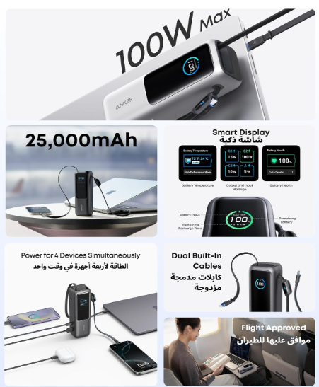 Anker Power Bank, 25,000mAh 165W Total Output Portable Charger for Laptops 3 USB-C Ports with 100W Max Each, Built-In Cables, Flight-Ready, for iPhone 17/16/15 Series, MacBook, Samsung etc. (Black) - Image 2
