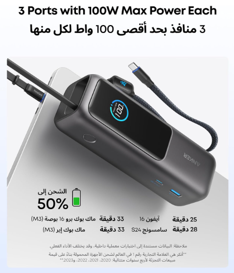 Anker Power Bank, 25,000mAh 165W Total Output Portable Charger for Laptops 3 USB-C Ports with 100W Max Each, Built-In Cables, Flight-Ready, for iPhone 17/16/15 Series, MacBook, Samsung etc. (Black) - Image 3