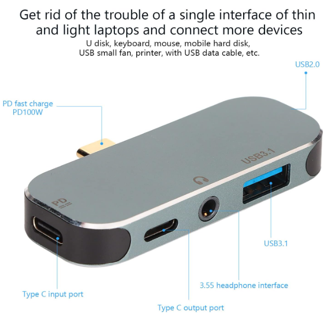 ASHATA 5 in 1 Mini HUB Type C Hub Hot Swappable 10Gbps 100W Type c Expansion Dock Type C to PD+Type C+AUX+USB3.1+AUX+USB2.0 Hub for Win for Android for OS X - Image 6