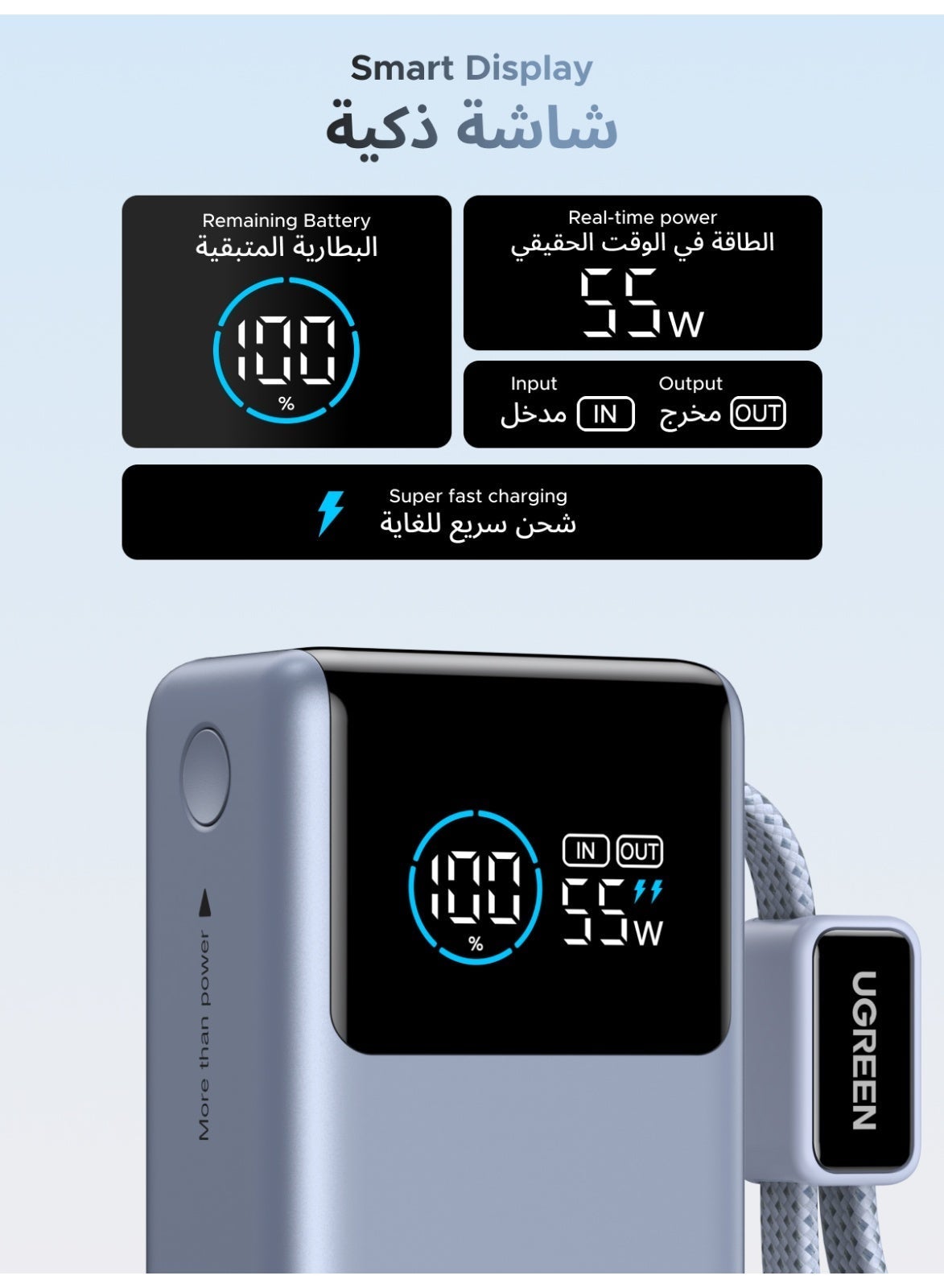 10000mAh 55W Pocket Size Power Bank Fast Charging with Built-in Cable, Compact Portable Small size Fast Charger Battery Pack with Smart TFT Digital Display, 35W Fast Input, Powerbank for Samsung, iPhone, Xiaomi Devices and Travel Use-Silver 10000 55W Mini Braided C cable-Silver - Image 5