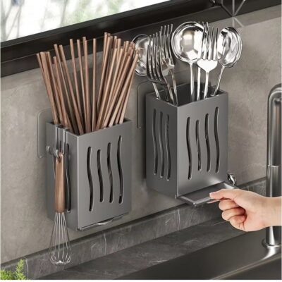 2 Multifunctional Cutlery Spoon Holder Storage Stand with Draining Tray Wall-Mounted Freestanding Utensil Rack Organizer Thickened ABS Material for Kitchen (Grey, 8.5x6.6x12.5 CM) - Image 4