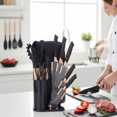 19-Piece Kitchen Knife Set & Silicone Cooking Utensil Set with Wooden Handles | Non-Stick Heat Resistant Kitchen Tools, Chef Knives, Cutting Board, Utensil Holder & Knife Block Organizer - Image 2