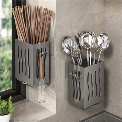 2 Multifunctional Cutlery Spoon Holder Storage Stand with Draining Tray Wall-Mounted Freestanding Utensil Rack Organizer Thickened ABS Material for Kitchen (Grey, 8.5x6.6x12.5 CM) - Image 6