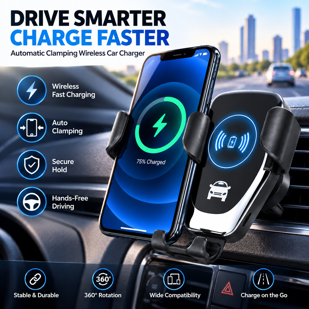 Auto Clamping Wireless Car Charger – Car Phone Holder Charger - Image 3