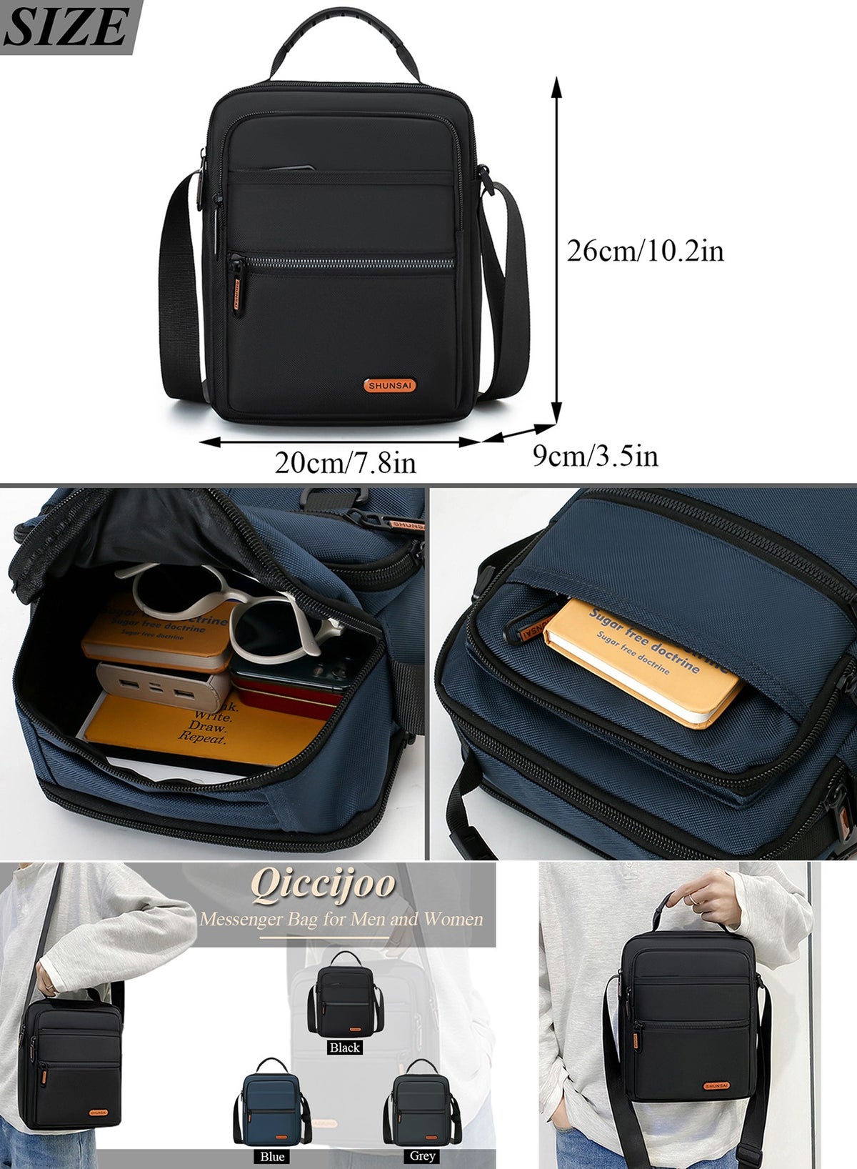 Qiccijoo Crossbody Bag Messenger Bag for Men or Women Casual Shoulder Bag Multiple Pockets Sling - Image 2