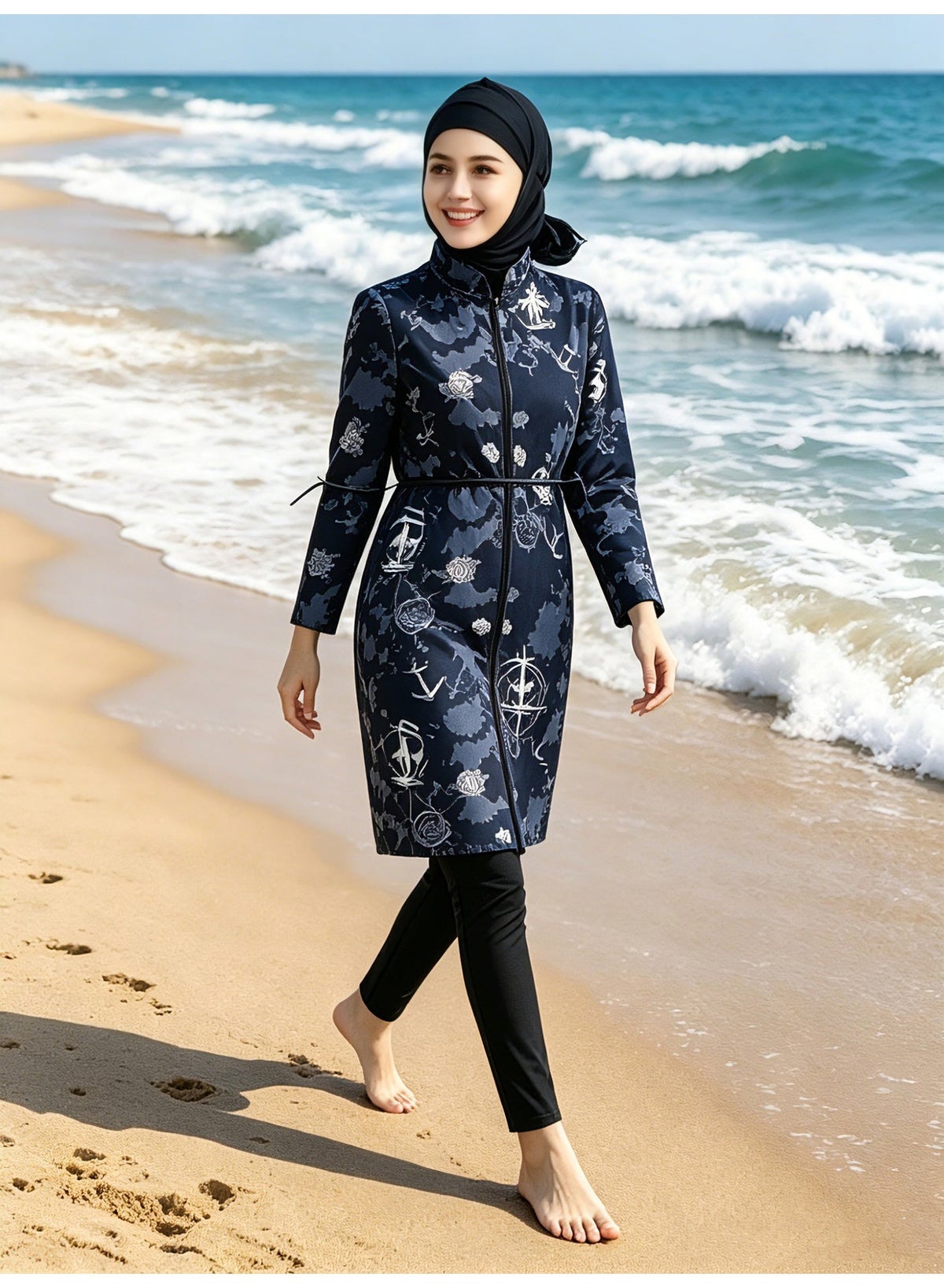 Muslim Long Burkini - Full-Coverage Modest Swimsuit, Zip Long-Sleeve Cinched Waist UV-Protective